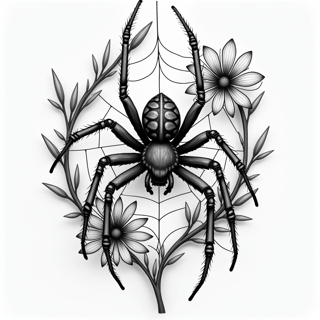 Spider on a web surrounded by flowers with stemhigly detailed tattoo - Variation 8