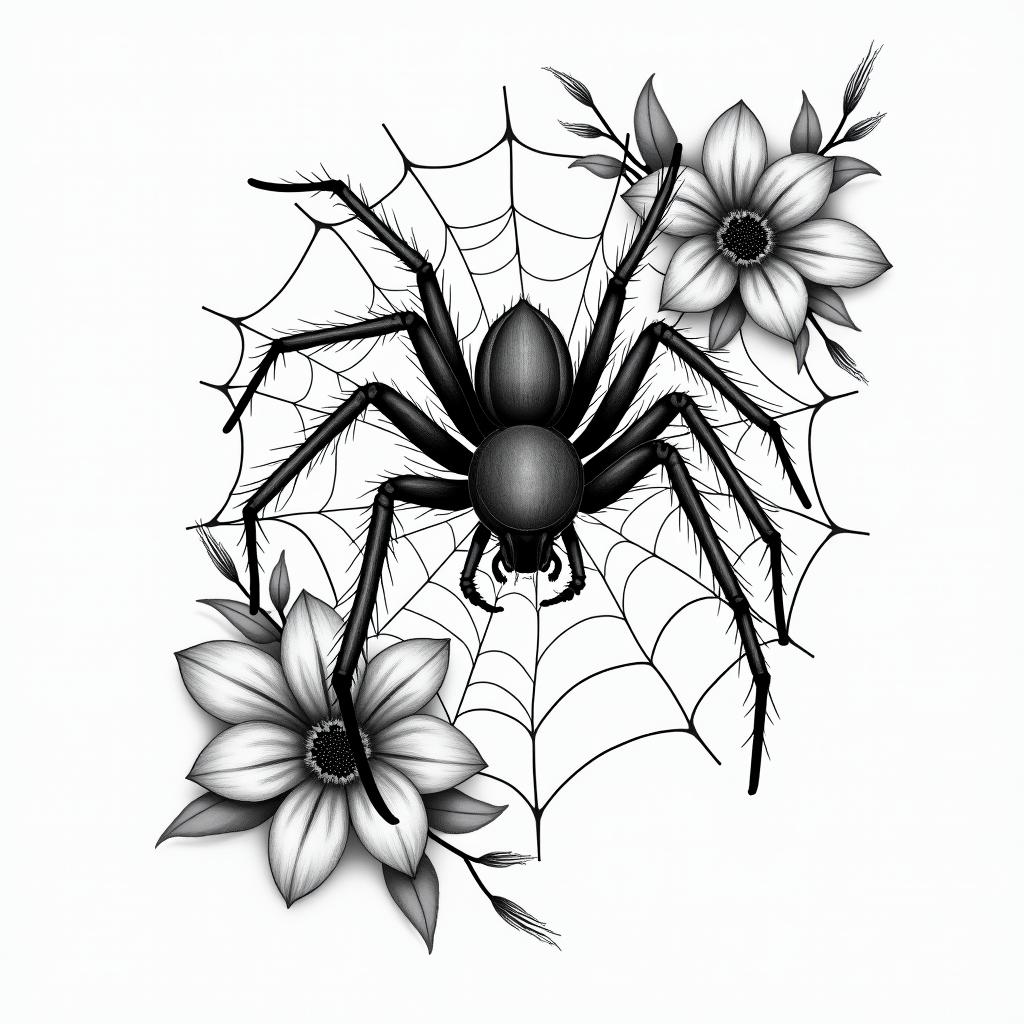Spider on a web surrounded by flowers with stemhigly detailed tattoo - Variation 7