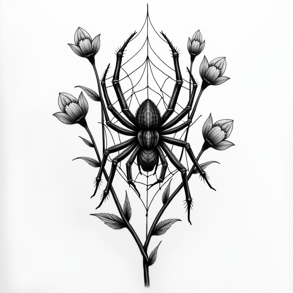Spider on a web surrounded by flowers with stemhigly detailed tattoo - Variation 5