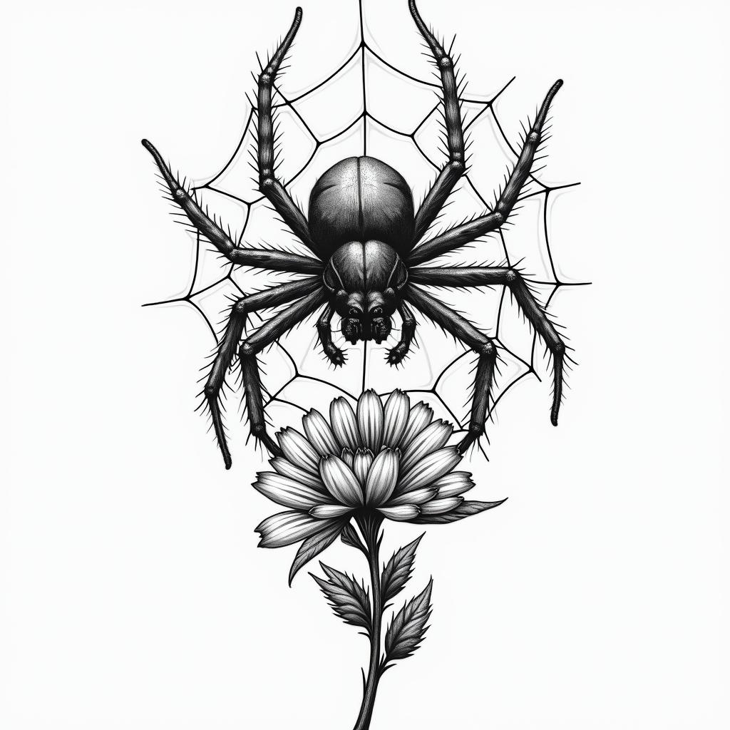 Spider on a web surrounded by flowers with stemhigly detailed tattoo - Variation 6