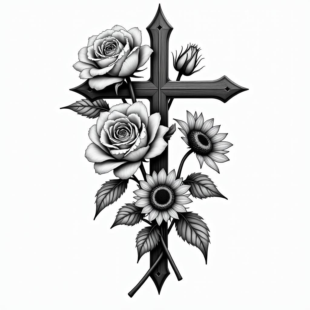 Roses, lillies, sunflowers time and crossesin bohemian style tattoo, 8k