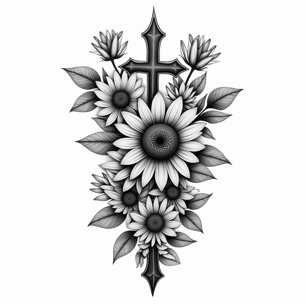Roses, lillies, sunflowers time and crossesin bohemian style tattoo, 8k - Variation 2