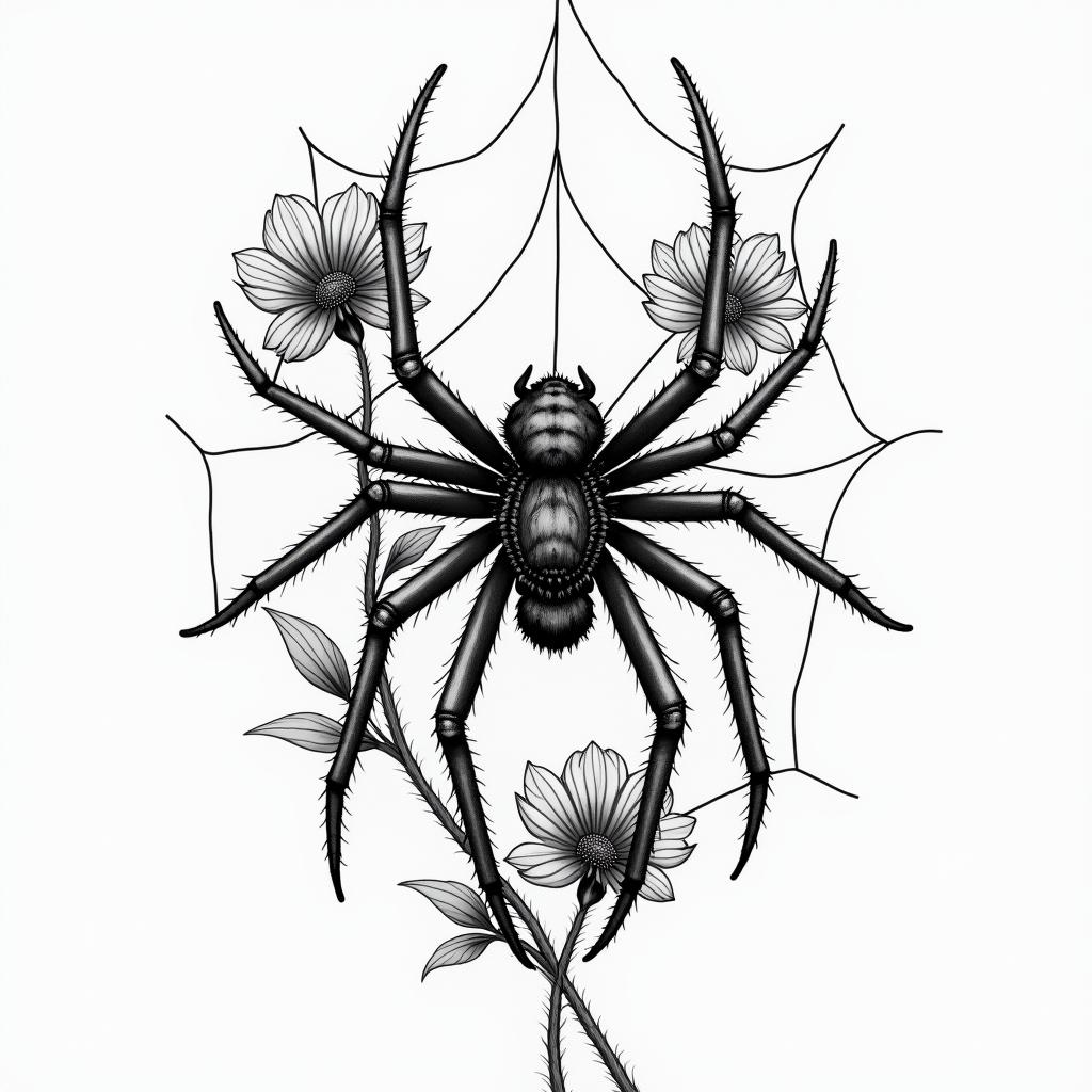 Spider on a web surrounded by flowers with stemhigly detailed tattoo
