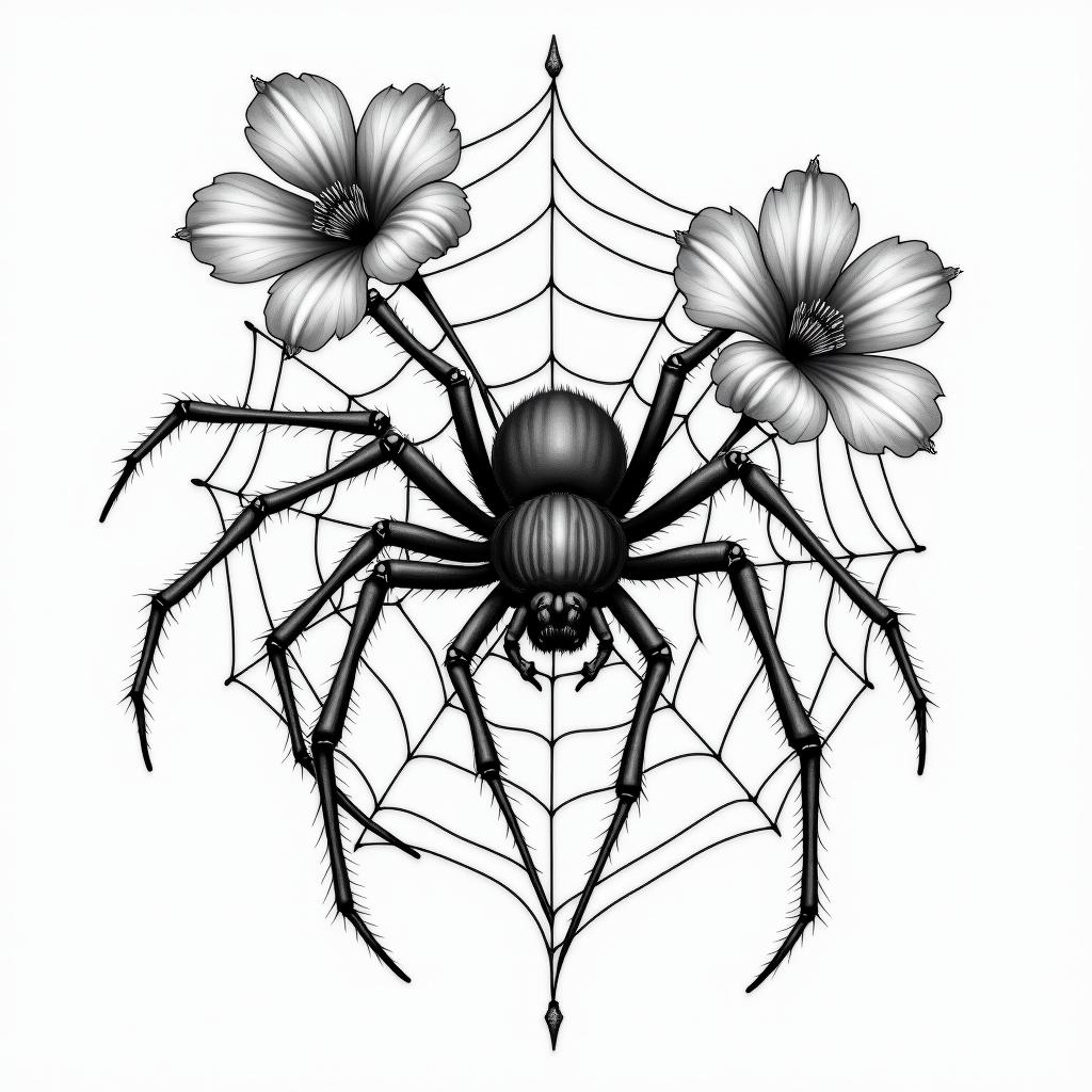 Spider on a web surrounded by flowers with stemhigly detailed tattoo - Variation 3