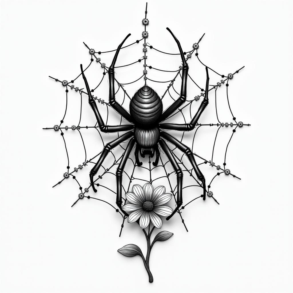 Spider on a web surrounded by flowers with stemhigly detailed tattoo - Variation 2