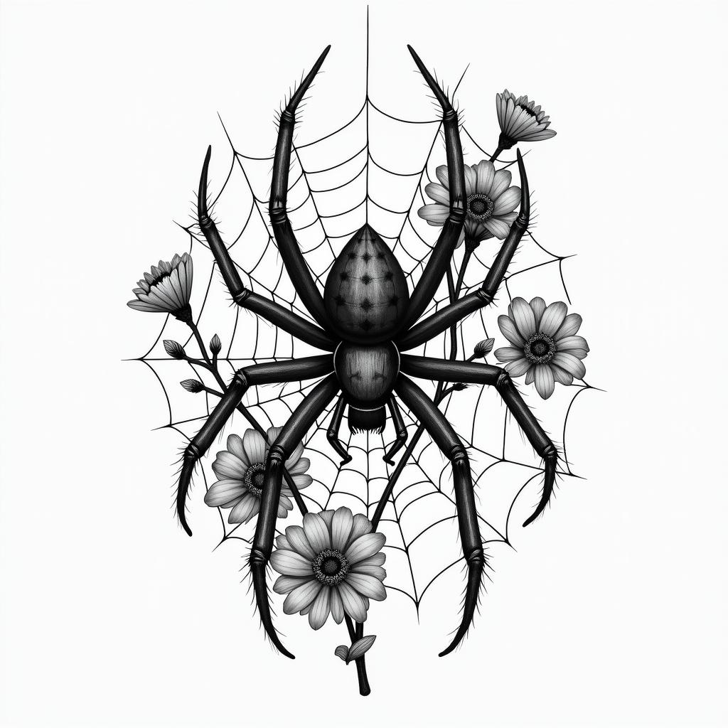 Spider on a web surrounded by flowers with stemhigly detailed tattoo - Variation 4