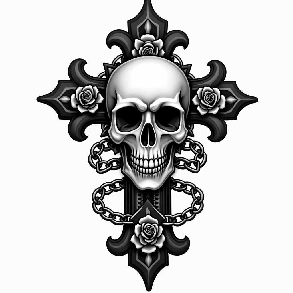 Take 5 oil changein chicano style tattoo, featuring intricate black and grey shading, bold elements of traditional chicano culture symbols, add a big cross with skull, chains and roses
