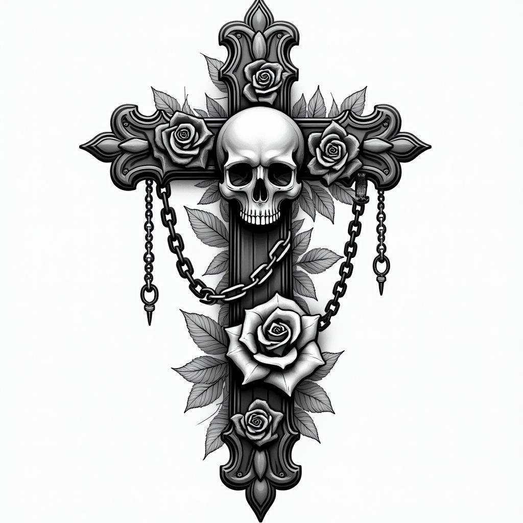 Take 5 oil changein chicano style tattoo, featuring intricate black and grey shading, bold elements of traditional chicano culture symbols, add a big cross with skull, chains and roses - Variation 3