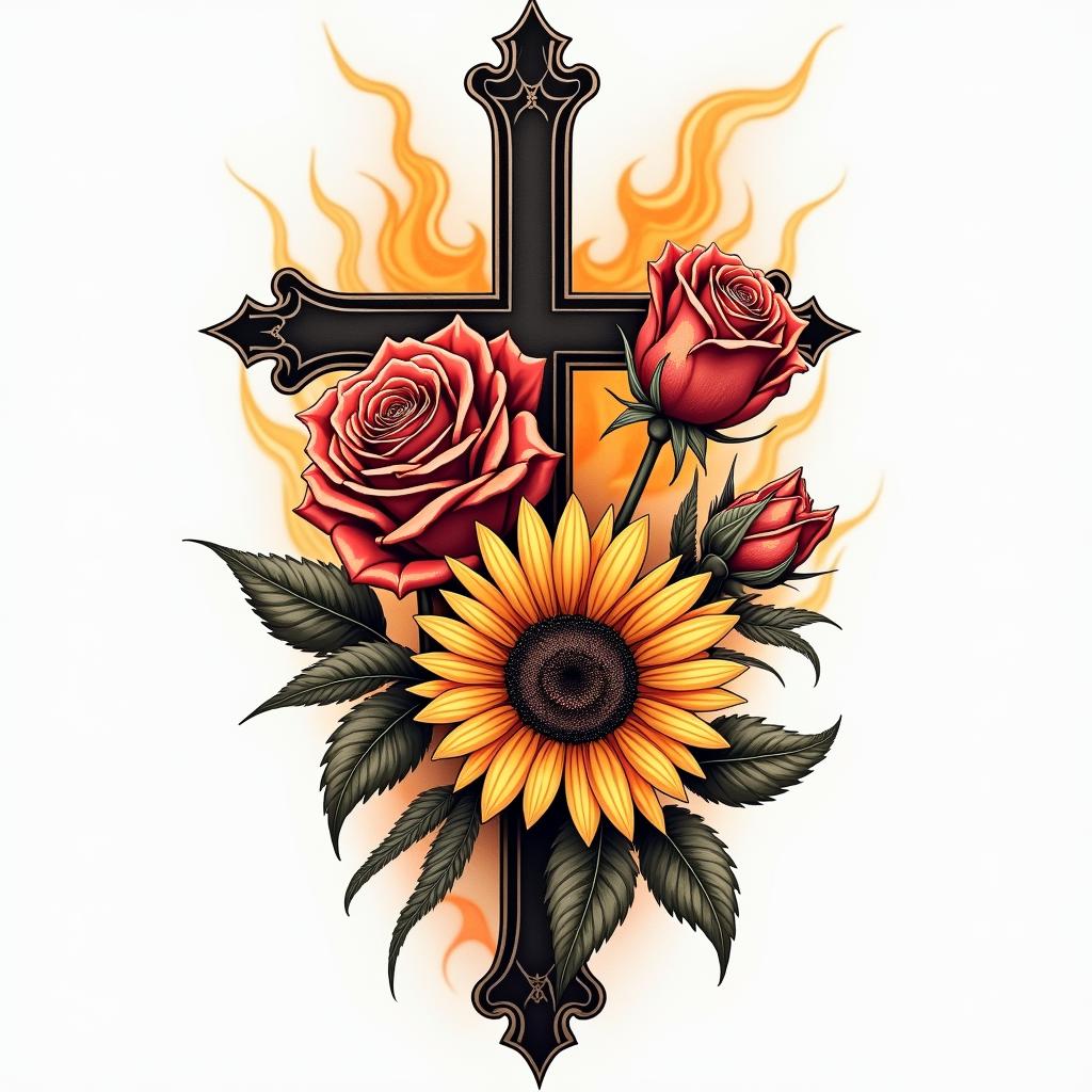 Roses, lillies, sunflowers time and crossesin flame tattoo style showcasing fiery elements with dynamic flame patterns, glowing effect of flames, natural colors
