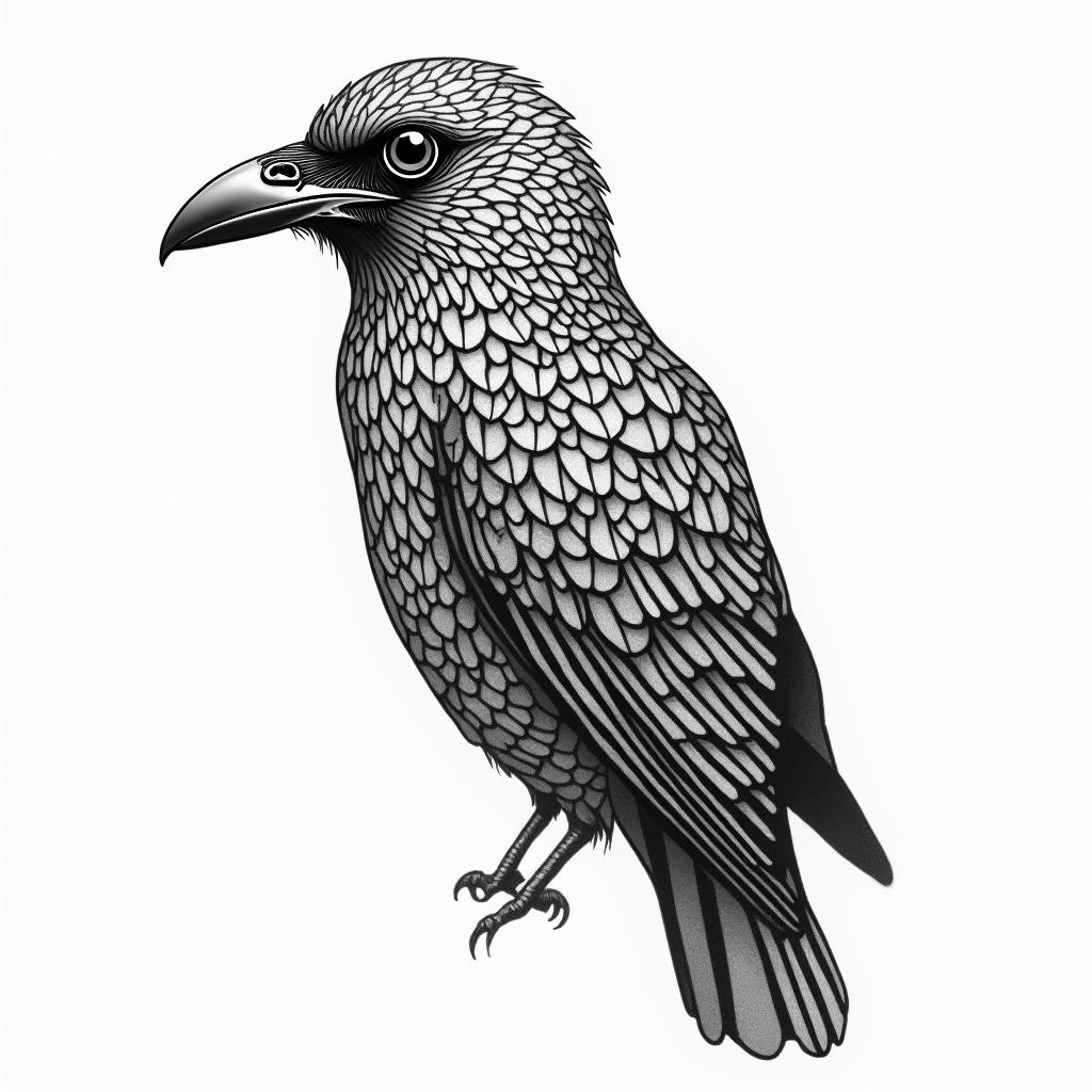 Crow in geometric style tattoo, blending hexagons, mandala-inspired patterns, symmetrical and fractal design, clean lines, sharp angles