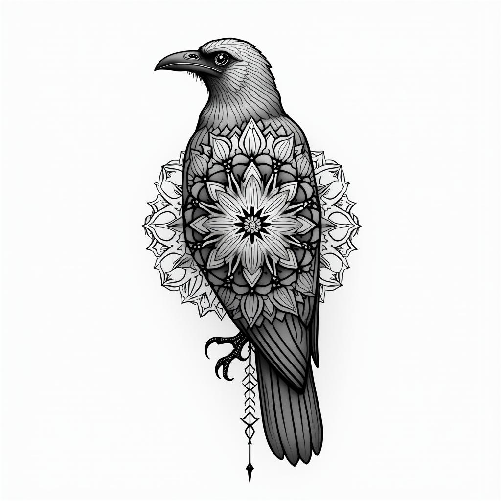 Crow in geometric style tattoo, blending hexagons, mandala-inspired patterns, symmetrical and fractal design, clean lines, sharp angles - Variation 4