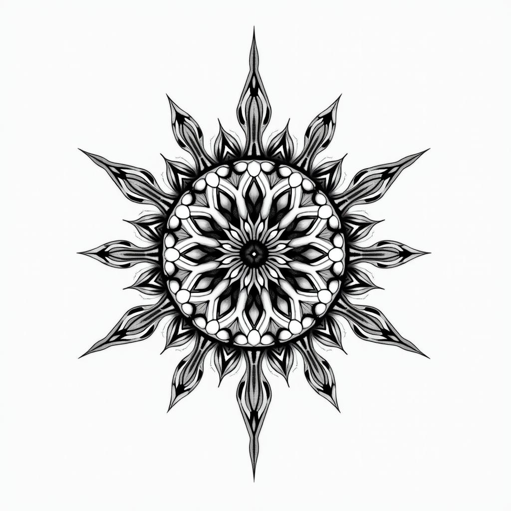Crow in geometric style tattoo, blending hexagons, mandala-inspired patterns, symmetrical and fractal design, clean lines, sharp angles - Variation 2