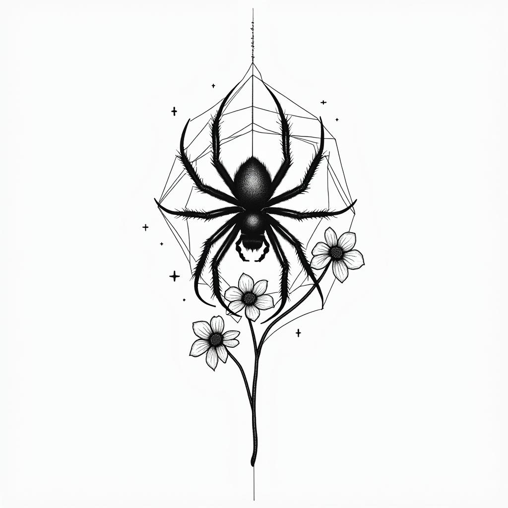 Spider on a web surrounded by flowers with stemin minimalist style tattoo, featuring simple shapes and fine lines, with minimal shading and details, tiny triangles, creating a sense of balance and harmony - Variation 5