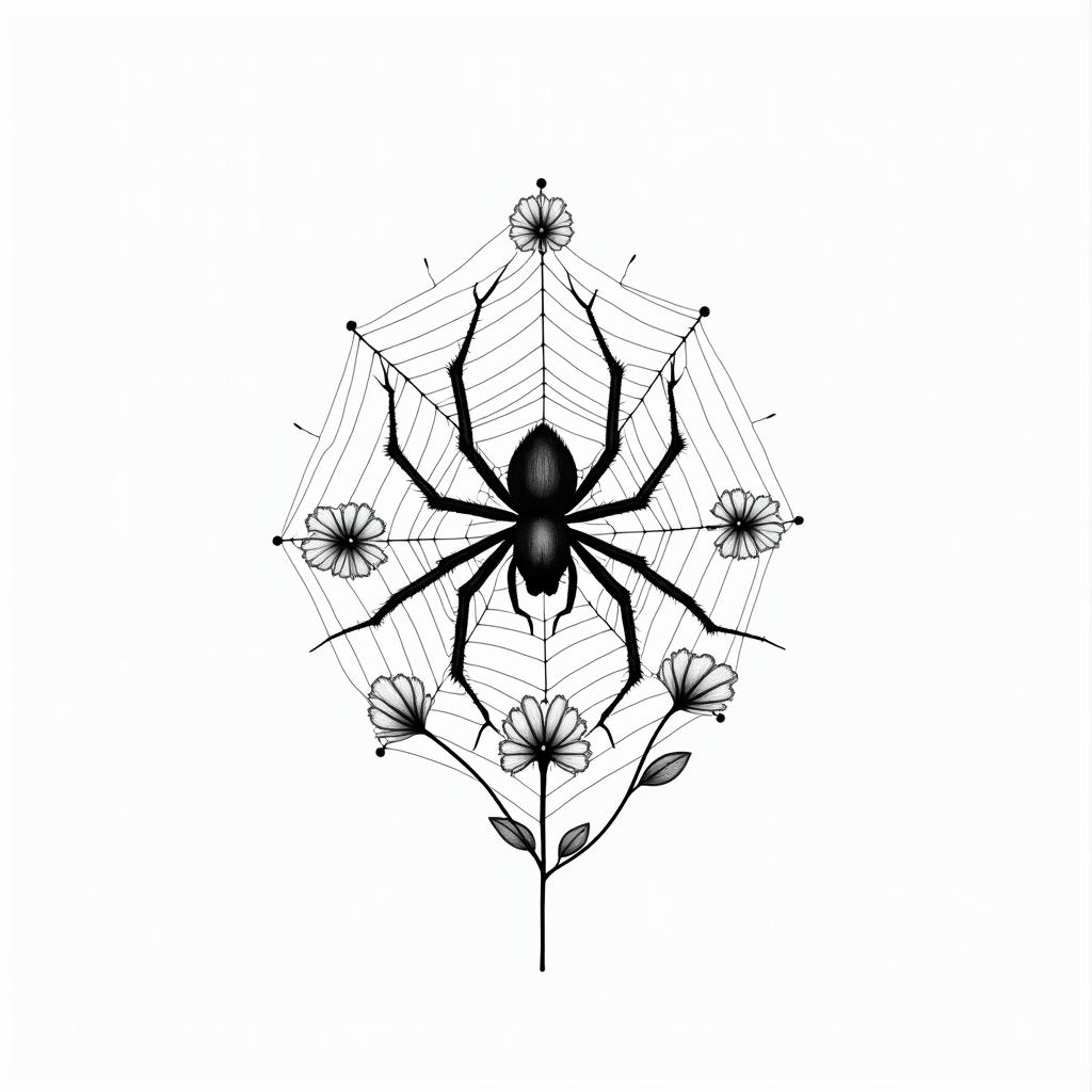 Spider on a web surrounded by flowers with stemin minimalist style tattoo, featuring simple shapes and fine lines, with minimal shading and details, tiny triangles, creating a sense of balance and harmony - Variation 8