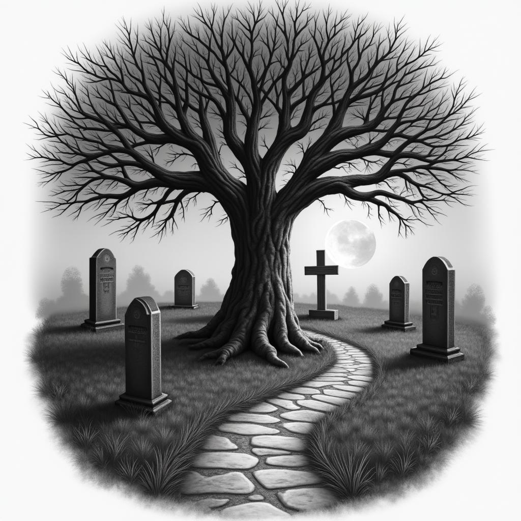 Tree with wooden cross attached surrounded by a graveyard at night with the moon out and several different gravestone and a walkwayin realism tattoo style, featuring a highly detailed, lifelike, capturing every detail, photorealistic, ultra realistic, intricate shading, smooth and sharp, - Variation 2