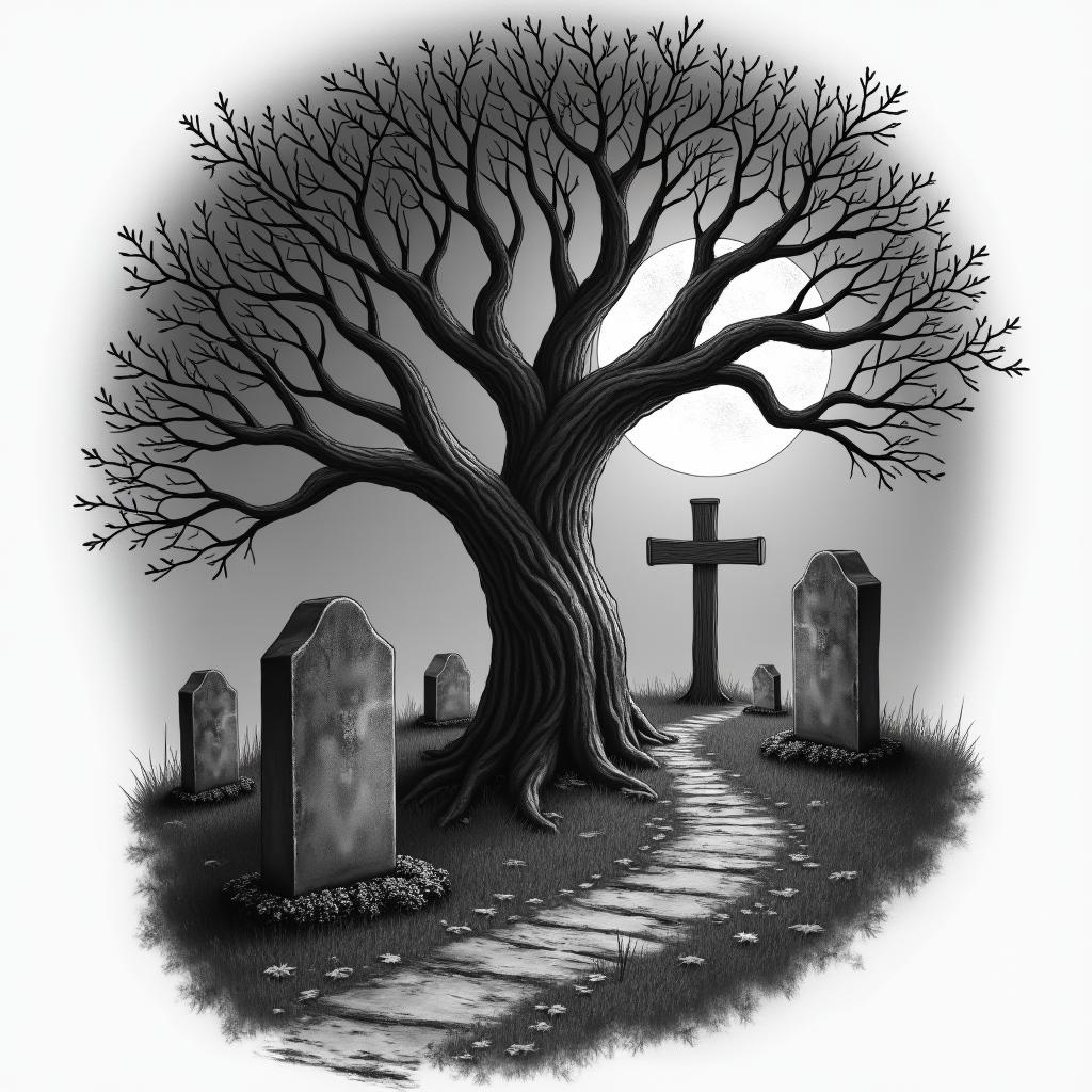 Tree with wooden cross attached surrounded by a graveyard at night with the moon out and several different gravestone and a walkwayin realism tattoo style, featuring a highly detailed, lifelike, capturing every detail, photorealistic, ultra realistic, intricate shading, smooth and sharp,