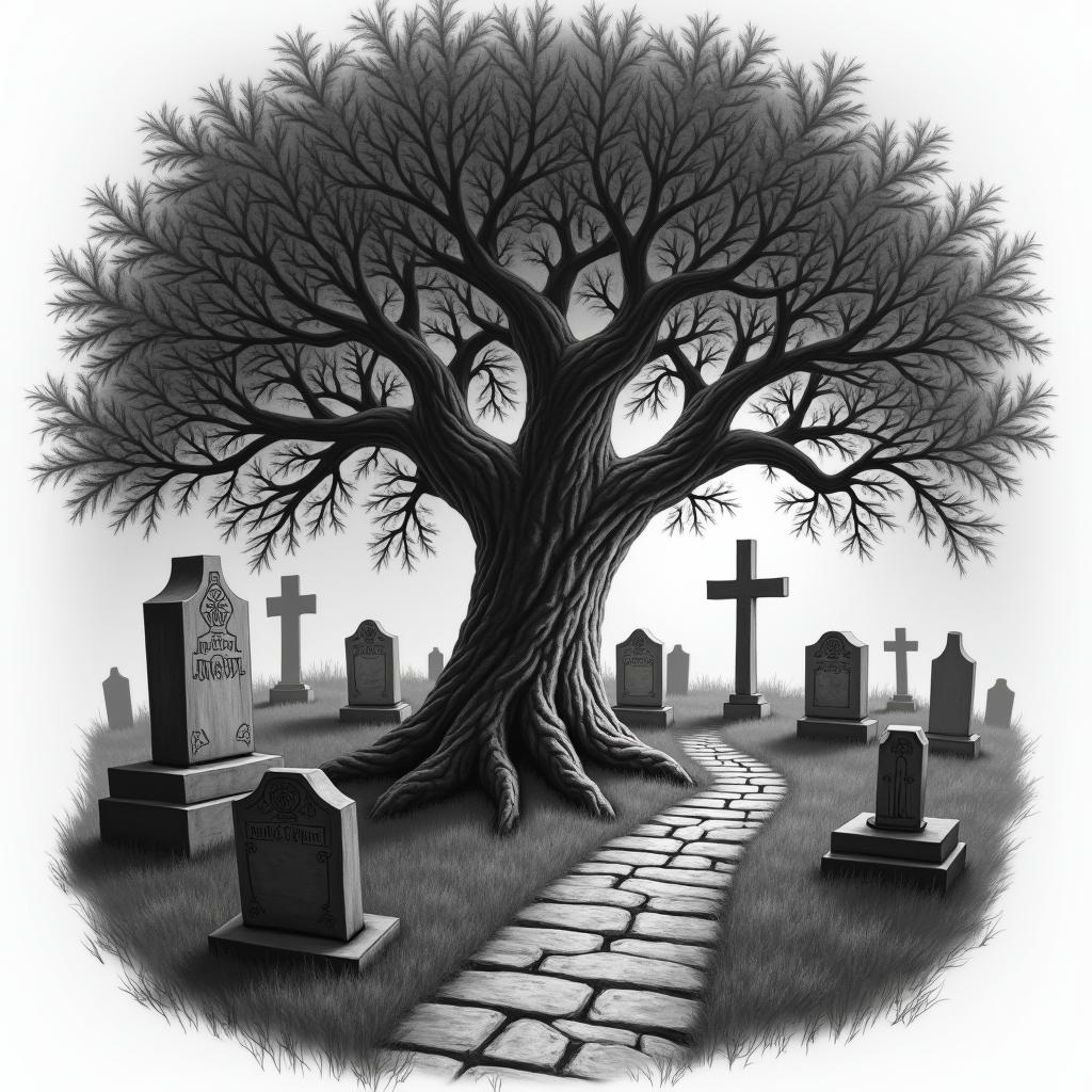 Tree with wooden cross attached surrounded by a graveyard at night with the moon out and several different gravestone and a walkwayin realism tattoo style, featuring a highly detailed, lifelike, capturing every detail, photorealistic, ultra realistic, intricate shading, smooth and sharp, - Variation 4
