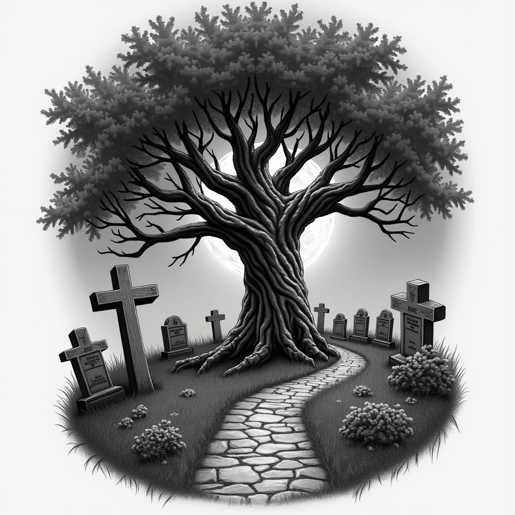 Tree with wooden cross attached surrounded by a graveyard at night with the moon out and several different gravestone and a walkwayin realism tattoo style, featuring a highly detailed, lifelike, capturing every detail, photorealistic, ultra realistic, intricate shading, smooth and sharp, - Variation 3