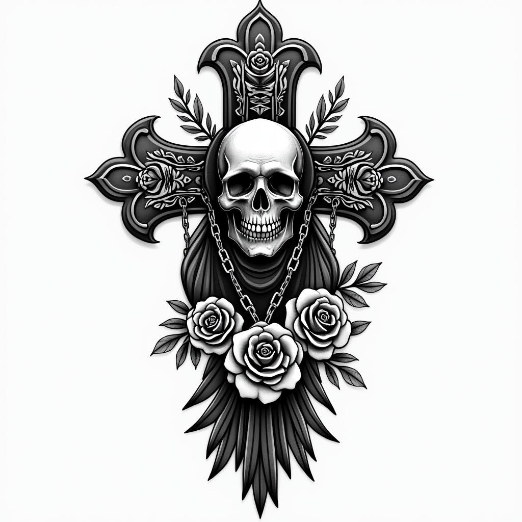 Crowin chicano style tattoo, featuring intricate black and grey shading, bold elements of traditional chicano culture symbols, add a big cross with skull, chains and roses - Variation 4