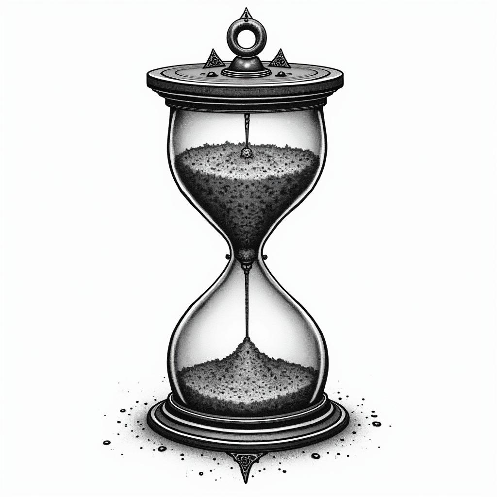 Hourglass with sand and skullsin paganic style tattoo, featuring ancient symbols, add vegvisir symbol, mystical figures, incorporating designs, pentagrams, runes, crescent moons,