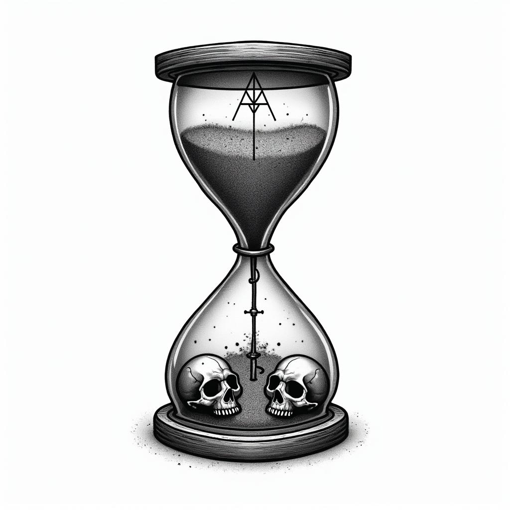 Hourglass with sand and skullsin paganic style tattoo, featuring ancient symbols, add vegvisir symbol, mystical figures, incorporating designs, pentagrams, runes, crescent moons, - Variation 2