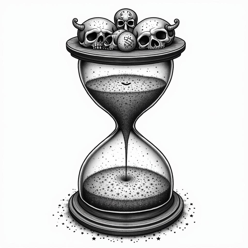 Hourglass with sand and skullsin paganic style tattoo, featuring ancient symbols, add vegvisir symbol, mystical figures, incorporating designs, pentagrams, runes, crescent moons, - Variation 3
