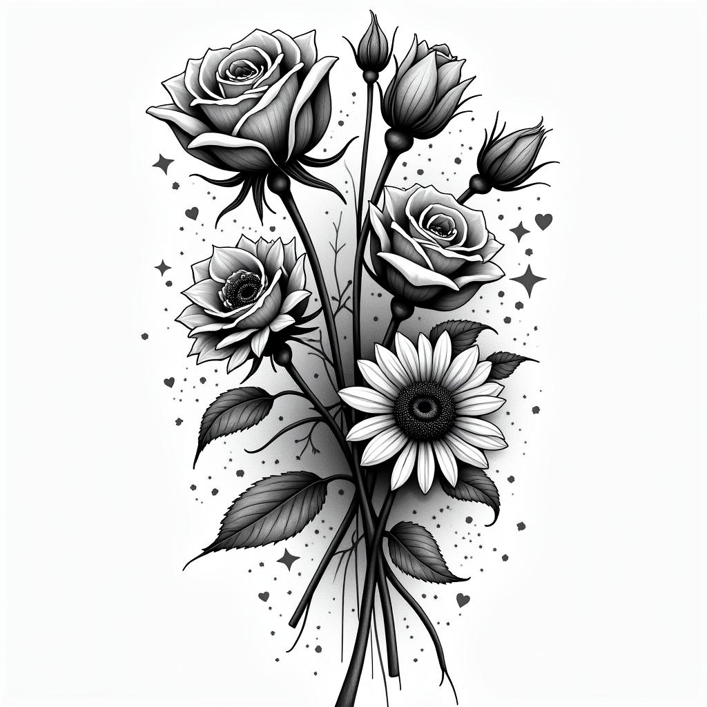 Roses and sunflowers in graffiti style tattoo, featuring bold and dynamic street art elements, spray-paint texture with exaggerated lines and expressive, chaotic brushstrokes, intricate lettering incorporated with graffiti tags, symbols like hearts, stars, and wings