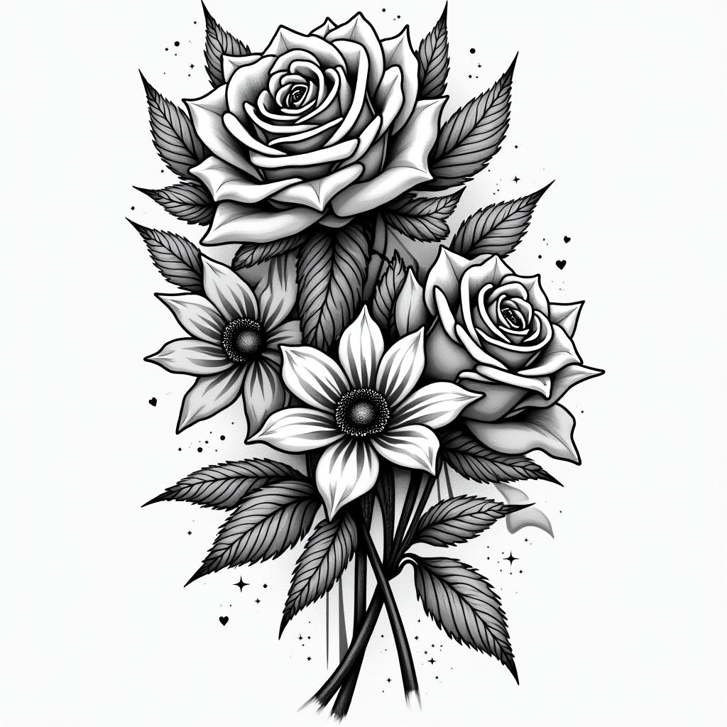Roses and sunflowers in graffiti style tattoo, featuring bold and dynamic street art elements, spray-paint texture with exaggerated lines and expressive, chaotic brushstrokes, intricate lettering incorporated with graffiti tags, symbols like hearts, stars, and wings - Variation 4