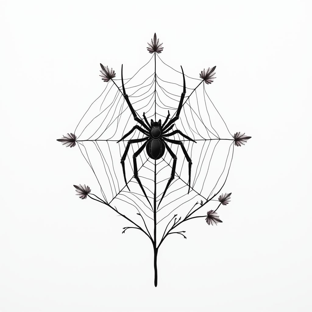 Spider on a web surrounded by flowers with stemin minimalist style tattoo, featuring simple shapes and fine lines, with minimal shading and details, tiny triangles, creating a sense of balance and harmony