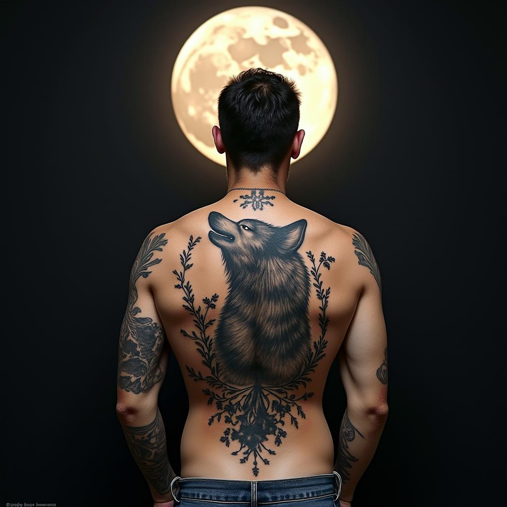 Howling wolf under a full moonhigly detailed tattoo - Variation 30