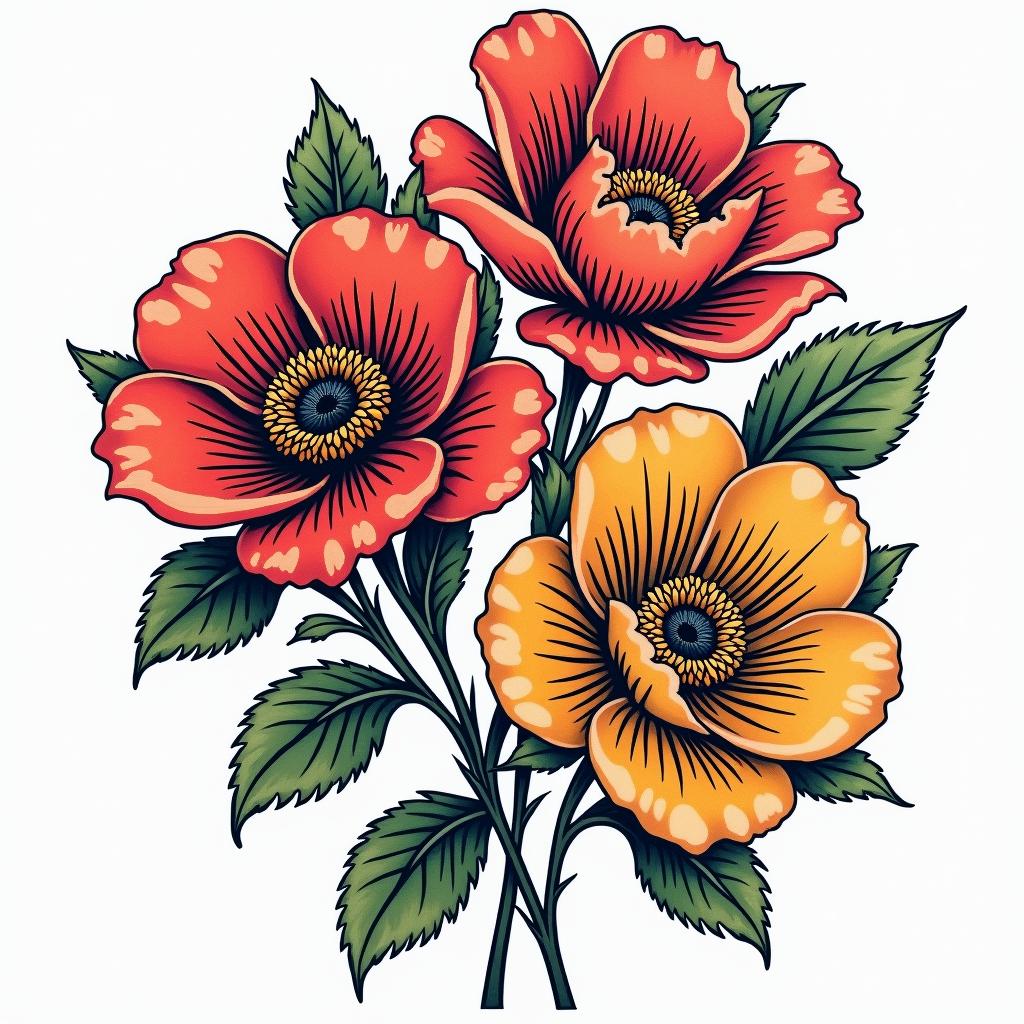 Flowersin pop art style tattoo, featuring bold and vibrant colors, exaggerated outlines, iconic imagery, inspired by comic books and speech bubbles, comic book characters, retro pop culture - Variation 2