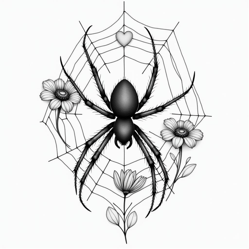 Spider on a web surrounded by flowers with stemin Modest style tattoo, featuring soft, delicate line work with simple and meaningful symbols, gentle waves, a heart, evoking a sense of serenity and grace, - Variation 7