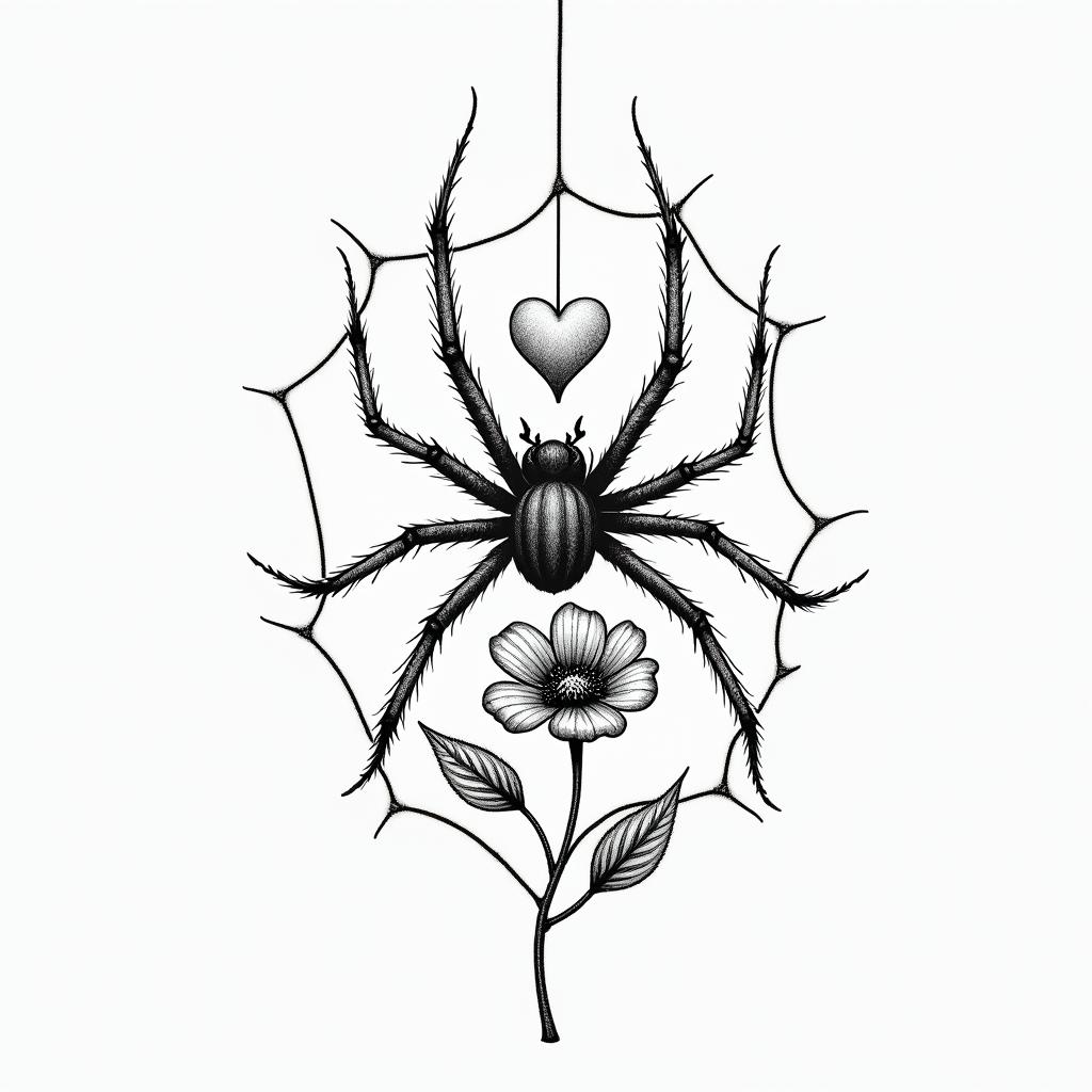 Spider on a web surrounded by flowers with stemin Modest style tattoo, featuring soft, delicate line work with simple and meaningful symbols, gentle waves, a heart, evoking a sense of serenity and grace, - Variation 5