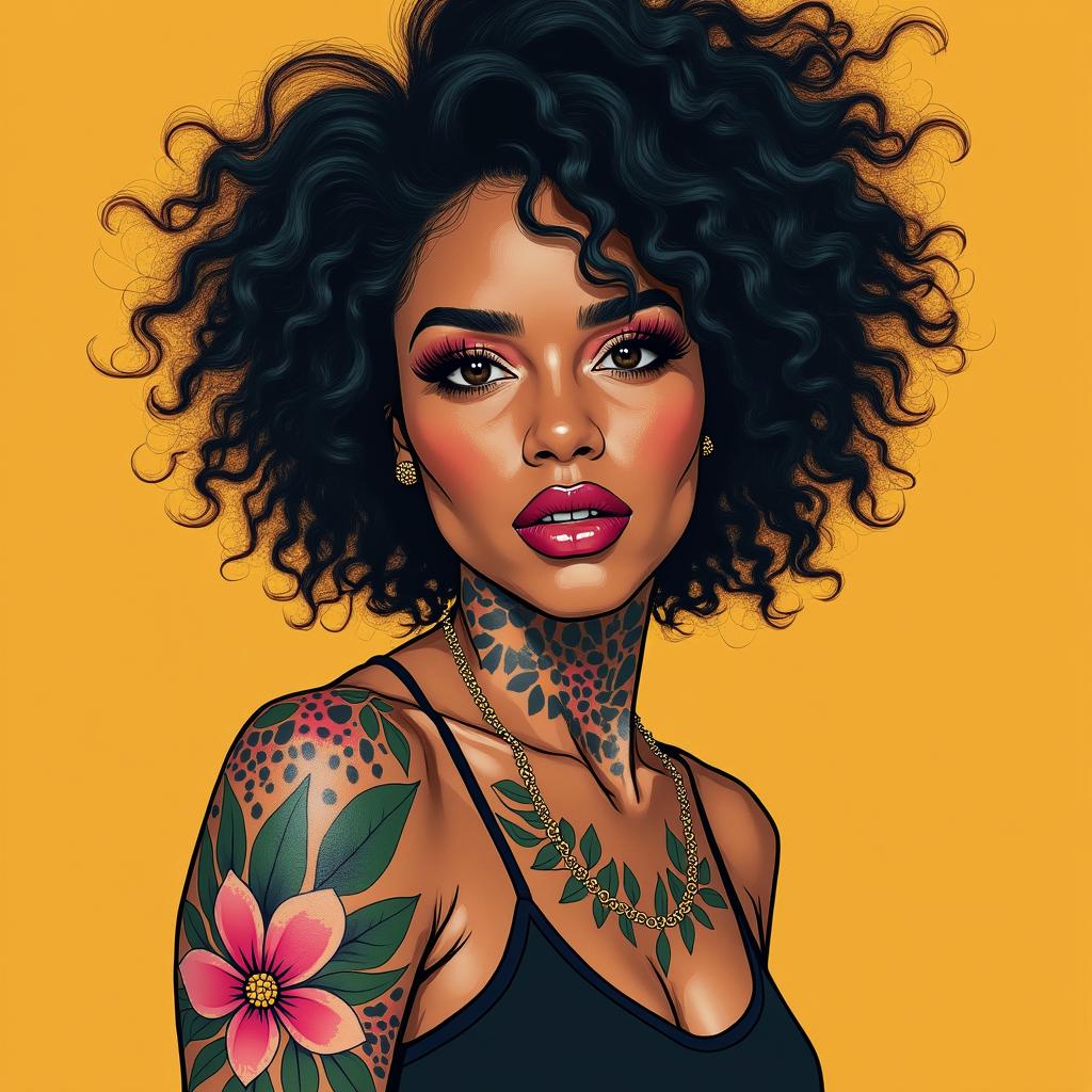 Whitney a strong person who has faced many challenges in lifein pop art style tattoo, featuring bold and vibrant colors, exaggerated outlines, iconic imagery, inspired by comic books and speech bubbles, comic book characters, retro pop culture - Variation 2