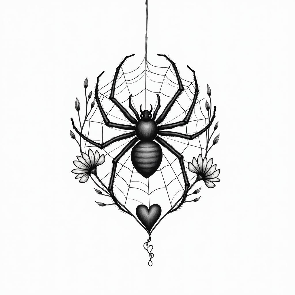 Spider on a web surrounded by flowers with stemin Modest style tattoo, featuring soft, delicate line work with simple and meaningful symbols, gentle waves, a heart, evoking a sense of serenity and grace,