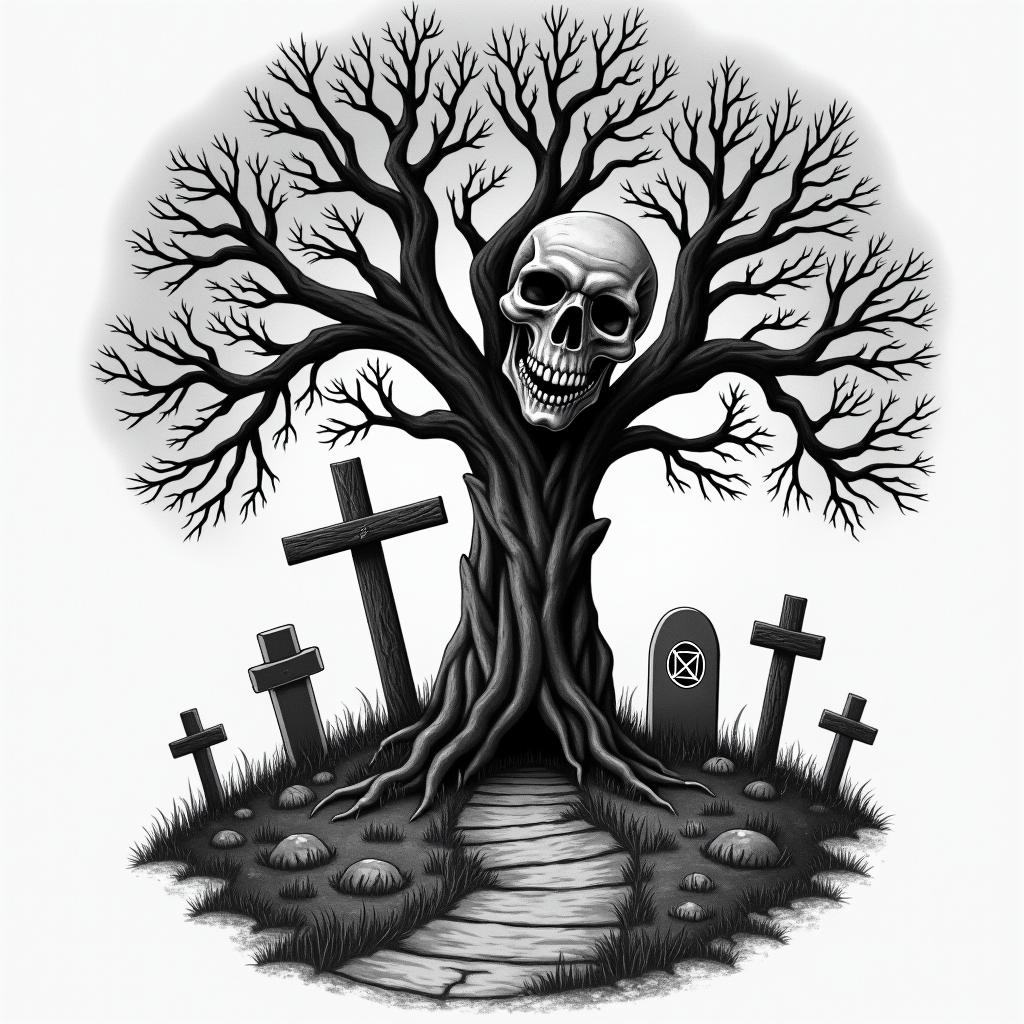 Tree with wooden cross attached surrounded by a graveyard at night with the moon out and several different gravestone and a walkwaycreepy horror tattoo style, featuring an eerie and unsettling skull of a demonic creature, distorted face with sharp fangs, add pentagram symbol - Variation 2