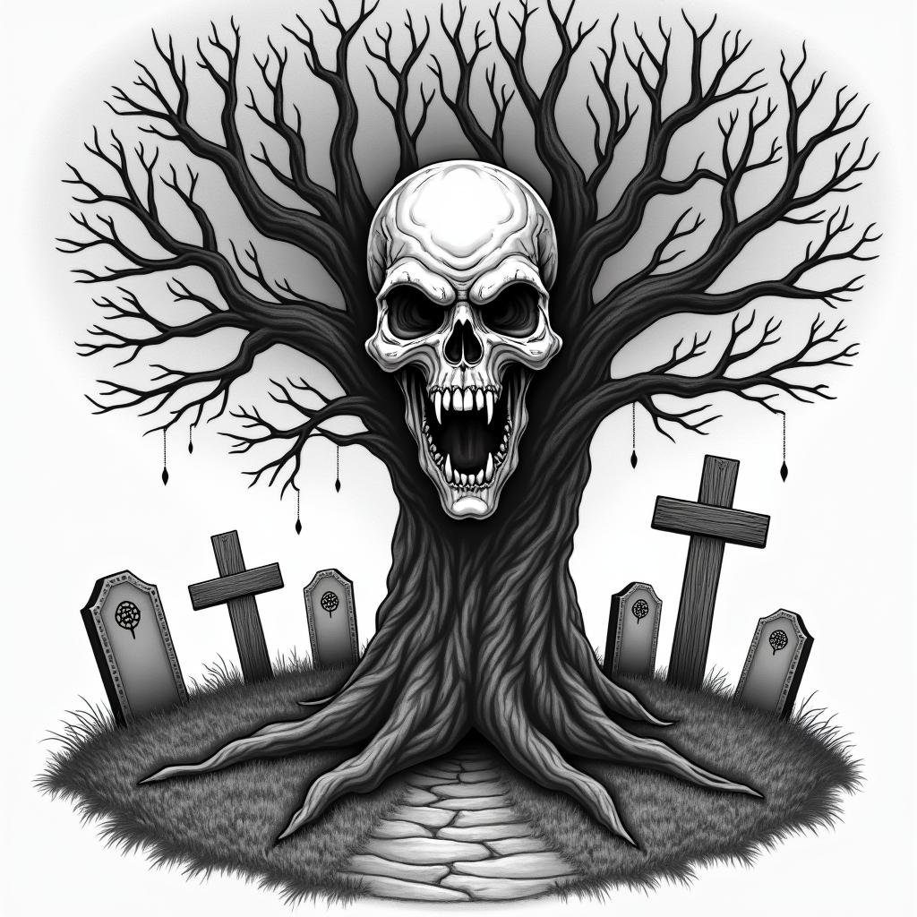 Tree with wooden cross attached surrounded by a graveyard at night with the moon out and several different gravestone and a walkwaycreepy horror tattoo style, featuring an eerie and unsettling skull of a demonic creature, distorted face with sharp fangs, add pentagram symbol - Variation 4