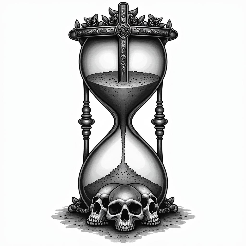 Hourglass with sand and skullsin chicano style tattoo, featuring intricate black and grey shading, bold elements of traditional chicano culture symbols, add a big cross with skull, chains and roses - Variation 12