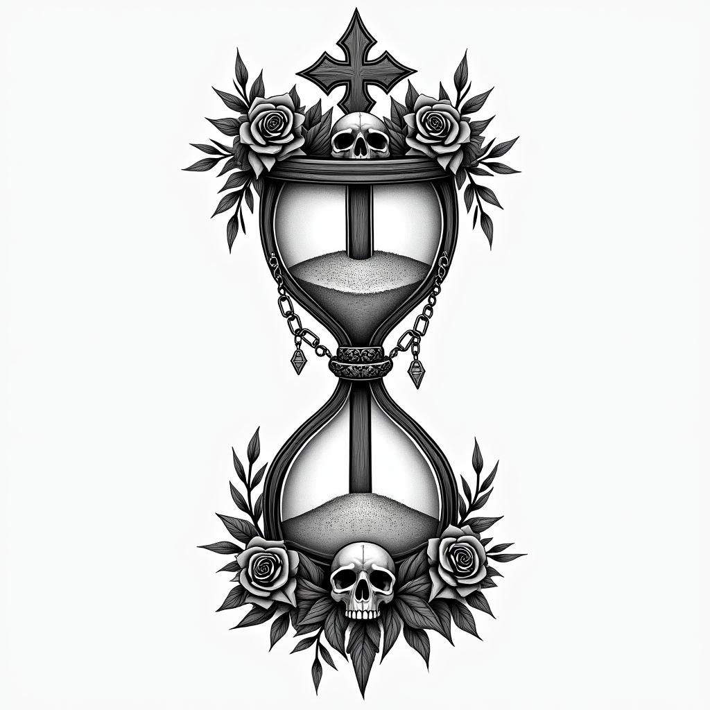 Hourglass with sand and skullsin chicano style tattoo, featuring intricate black and grey shading, bold elements of traditional chicano culture symbols, add a big cross with skull, chains and roses - Variation 13