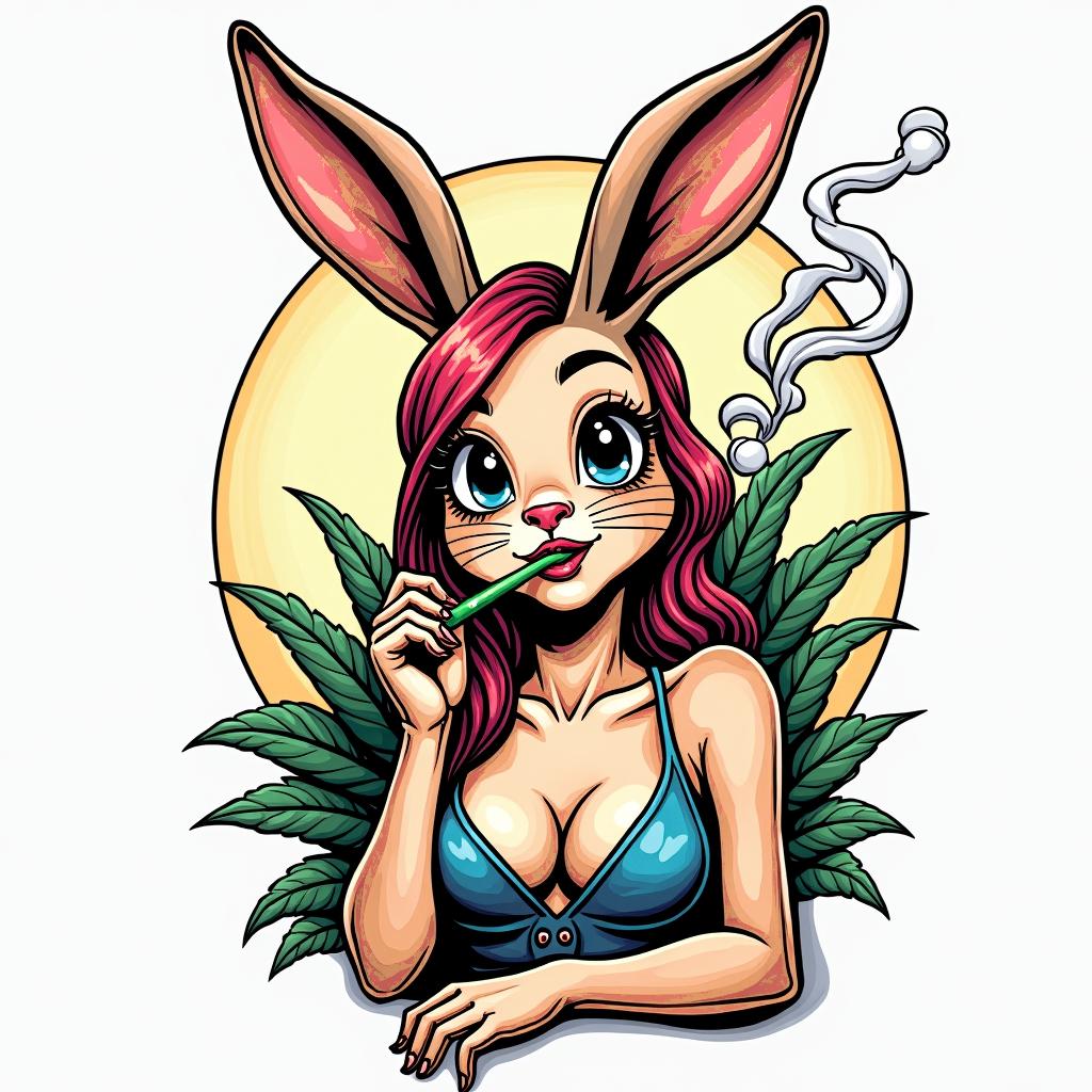 Jessica rabbit smoking weedin pop art style tattoo, featuring bold and vibrant colors, exaggerated outlines, iconic imagery, inspired by comic books and speech bubbles, comic book characters, retro pop culture - Variation 3