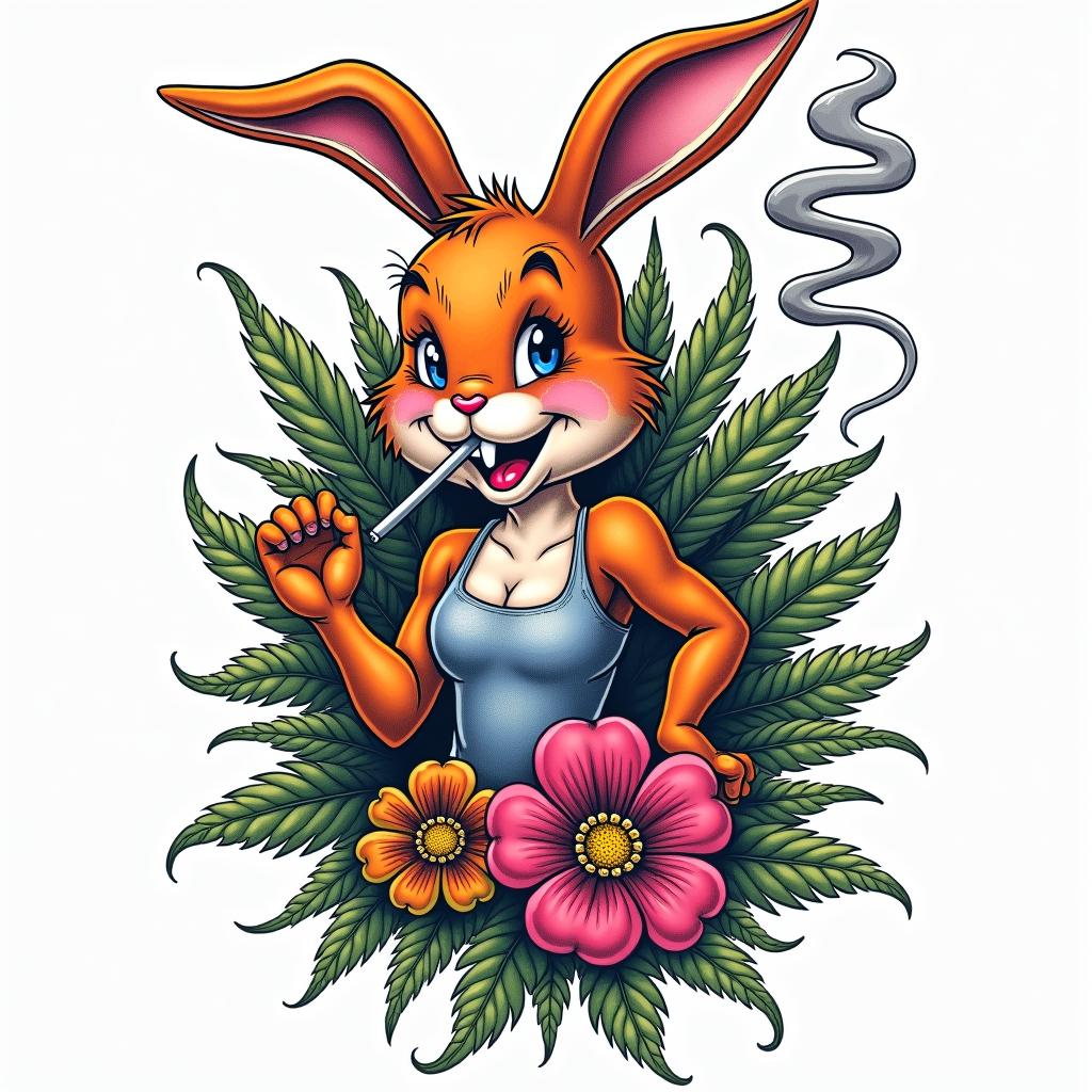 Jessica rabbit smoking weedin pop art style tattoo, featuring bold and vibrant colors, exaggerated outlines, iconic imagery, inspired by comic books and speech bubbles, comic book characters, retro pop culture - Variation 8
