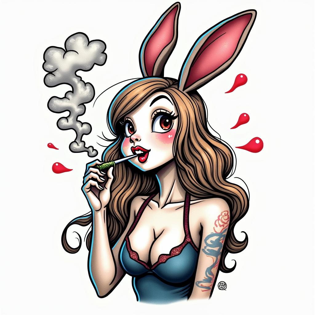 Jessica rabbit smoking weedin pop art style tattoo, featuring bold and vibrant colors, exaggerated outlines, iconic imagery, inspired by comic books and speech bubbles, comic book characters, retro pop culture - Variation 6