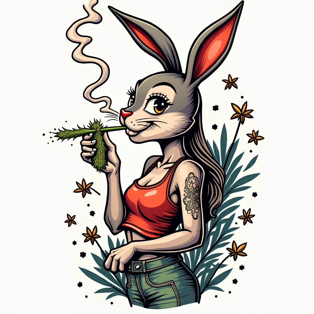 Jessica rabbit smoking weedin pop art style tattoo, featuring bold and vibrant colors, exaggerated outlines, iconic imagery, inspired by comic books and speech bubbles, comic book characters, retro pop culture - Variation 2
