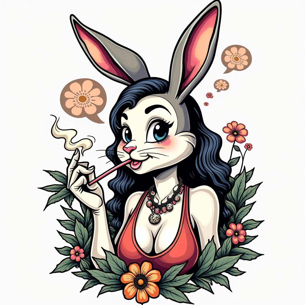 Jessica rabbit smoking weedin pop art style tattoo, featuring bold and vibrant colors, exaggerated outlines, iconic imagery, inspired by comic books and speech bubbles, comic book characters, retro pop culture - Variation 5