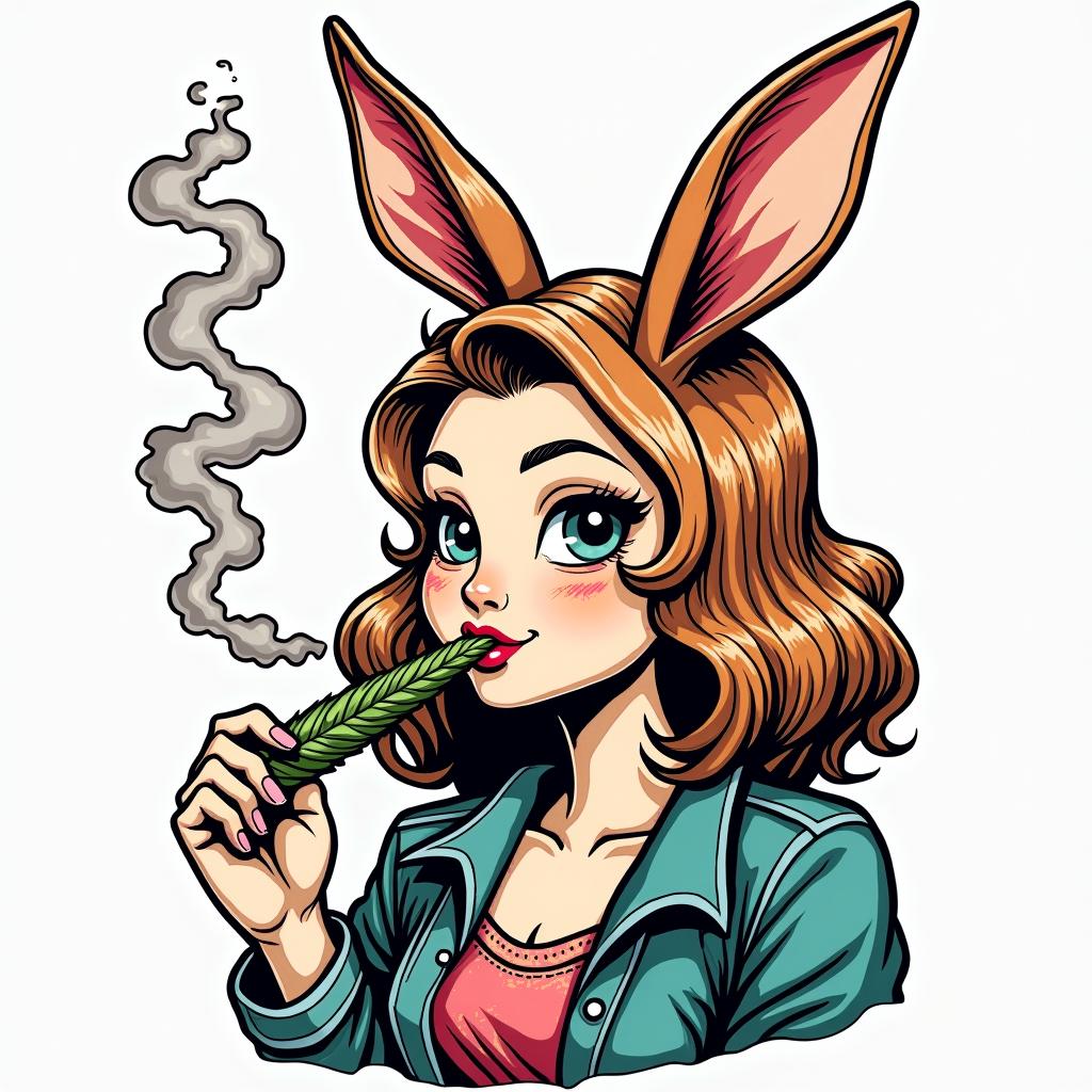 Jessica rabbit smoking weedin pop art style tattoo, featuring bold and vibrant colors, exaggerated outlines, iconic imagery, inspired by comic books and speech bubbles, comic book characters, retro pop culture