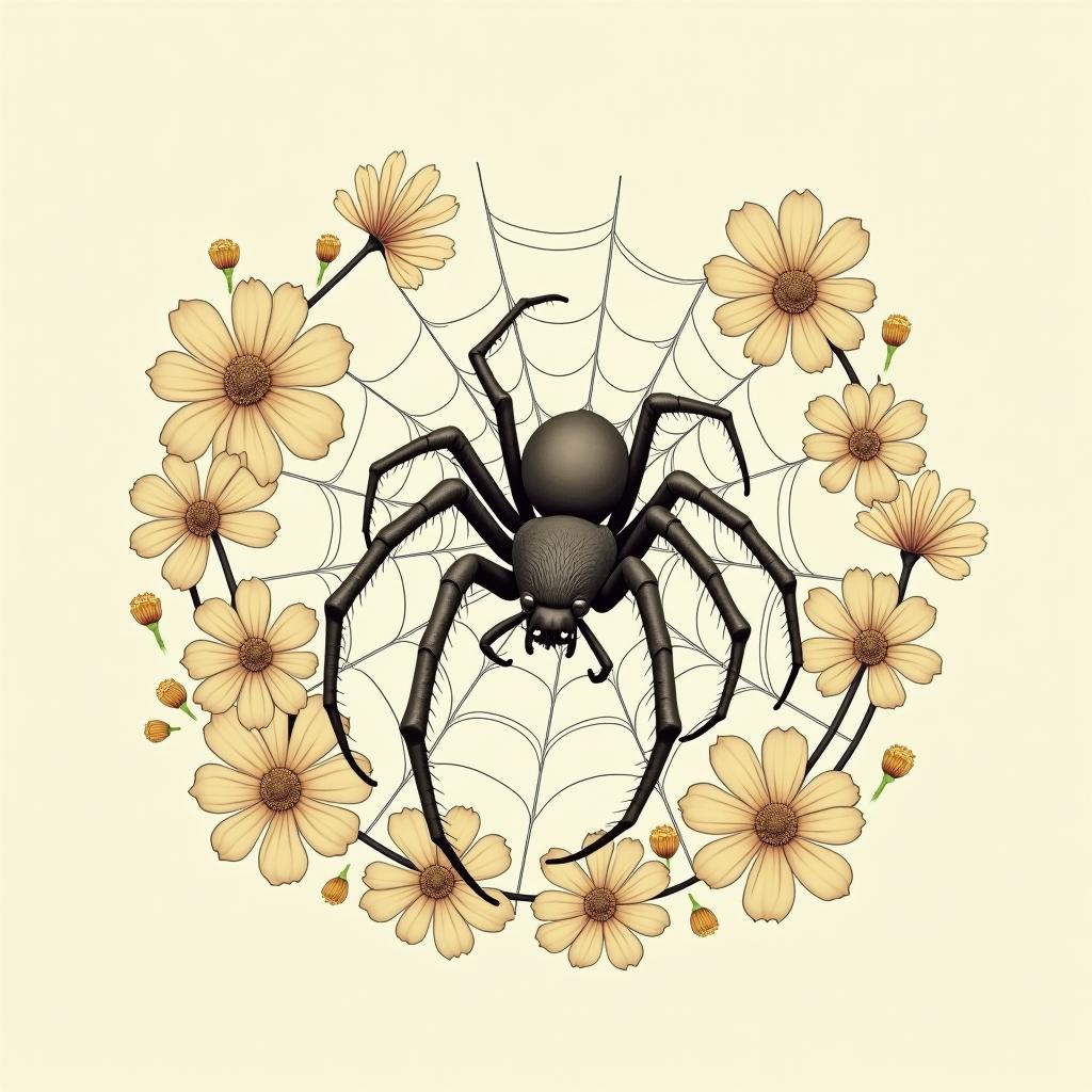 Spider on a web surrounded by flowers with stemGhibli, Studio Ghibli aesthetic, hand-drawn anime style, retro nostalgic atmosphere, retro soft pastel color palette with earthy tones, retro Japanese cinematic shot, yellow tint effect, bald character, smooth surface, anime shadow 90's anime style - Variation 3