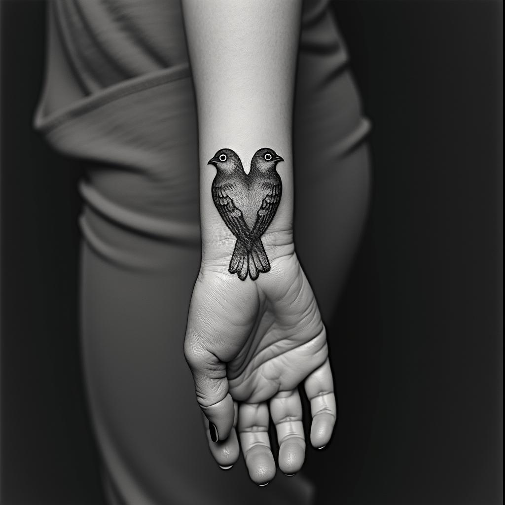 Five babies birds on a hearthigly detailed tattoo - Variation 26