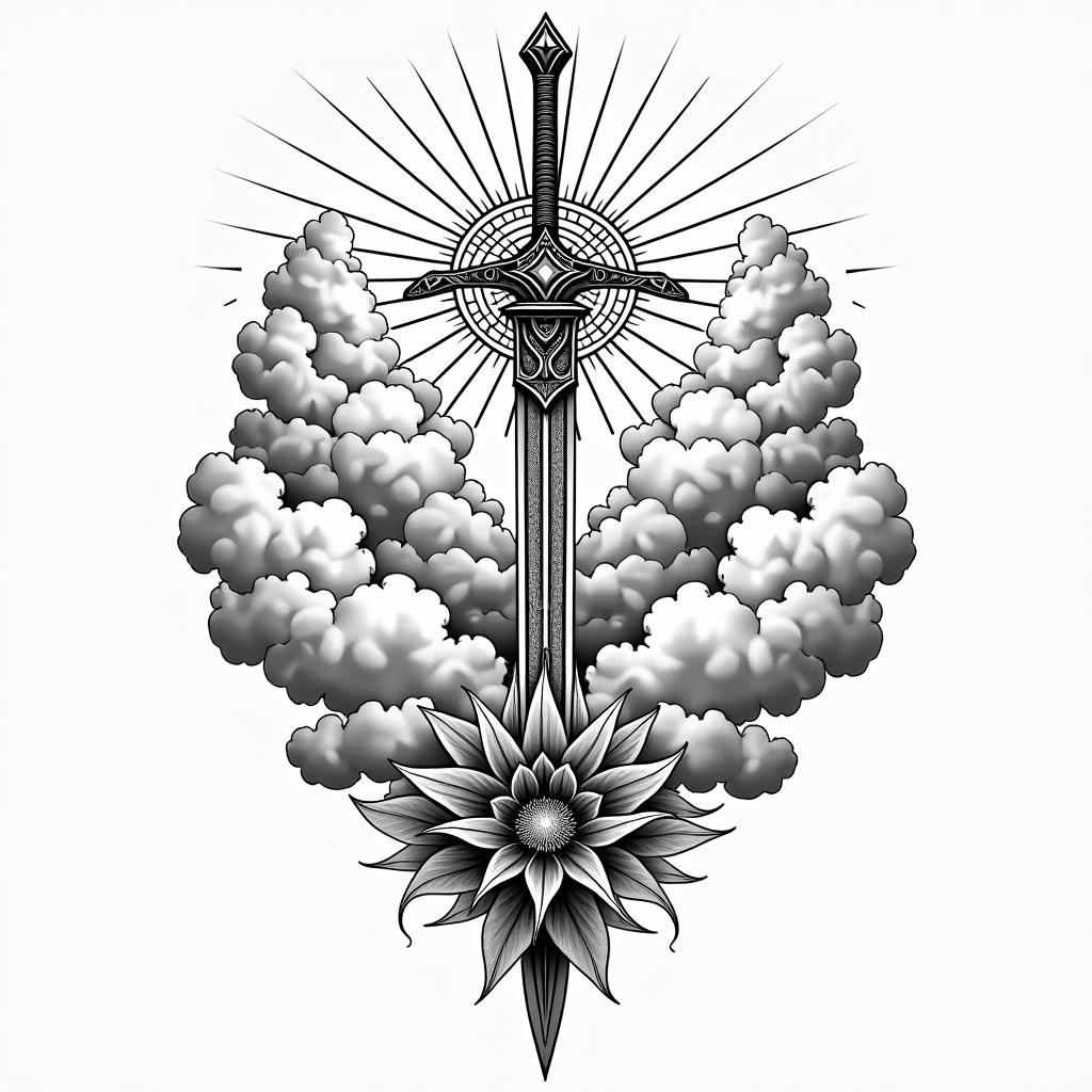 Clouds sunshine book sword flower heavenin dotwork style tattoo, complex mandala patterns, interlocking geometric shapes with sharp symmetry, clean lines, sharp angles - Variation 4