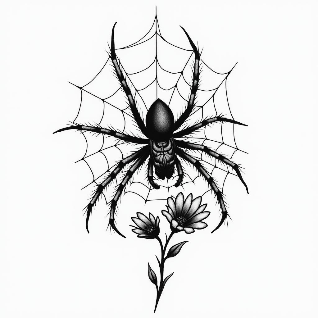 Small spider on web with flowers with stemhigly detailed tattoo - Variation 16