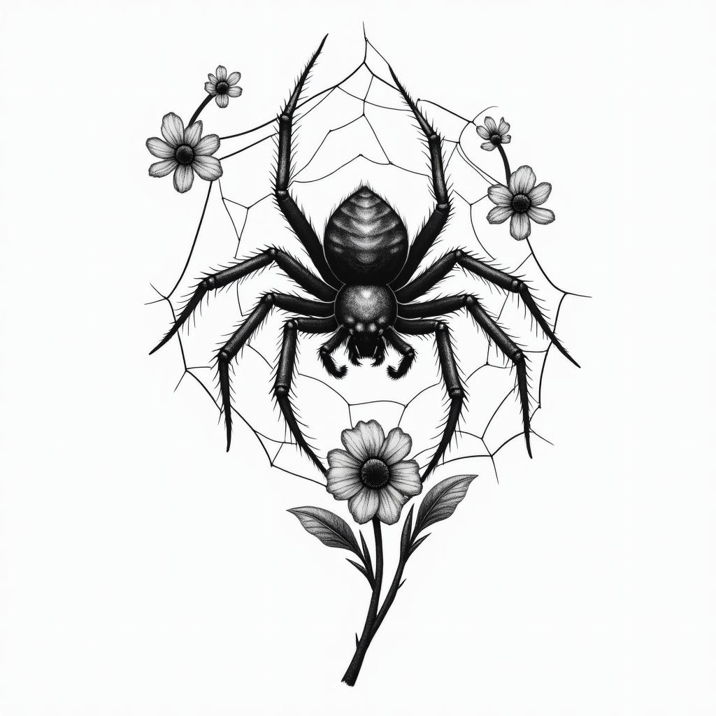 Small spider on web with flowers with stemhigly detailed tattoo - Variation 15